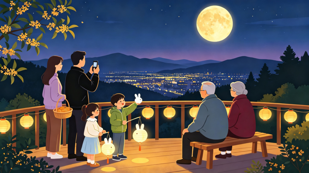 中秋家庭公园散步扁平风插画