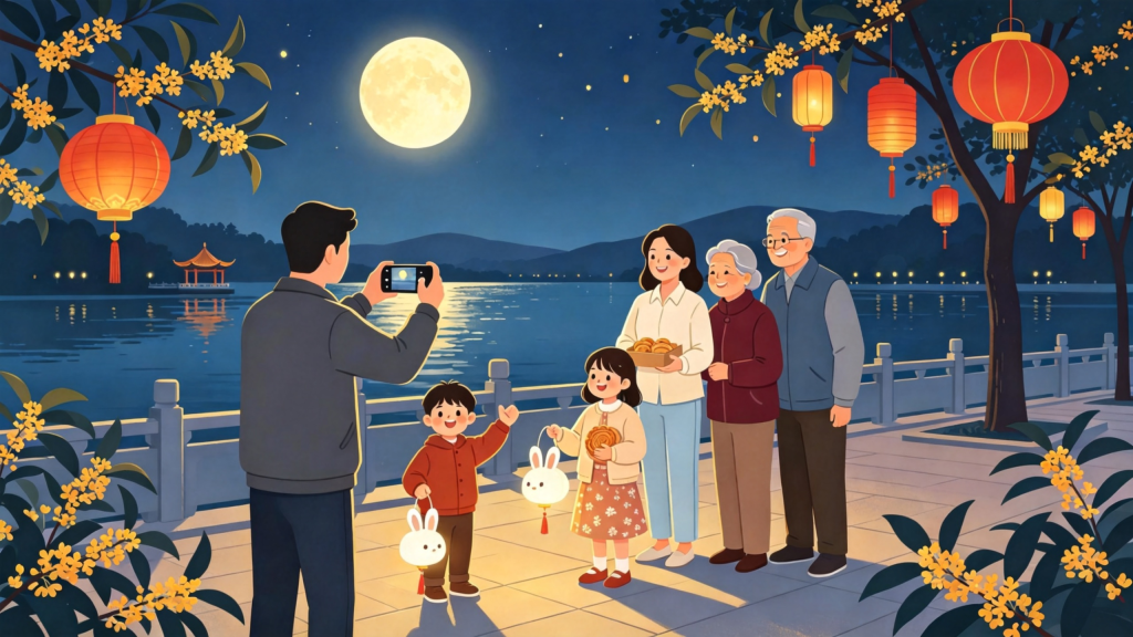 中秋家庭公园散步扁平风插画