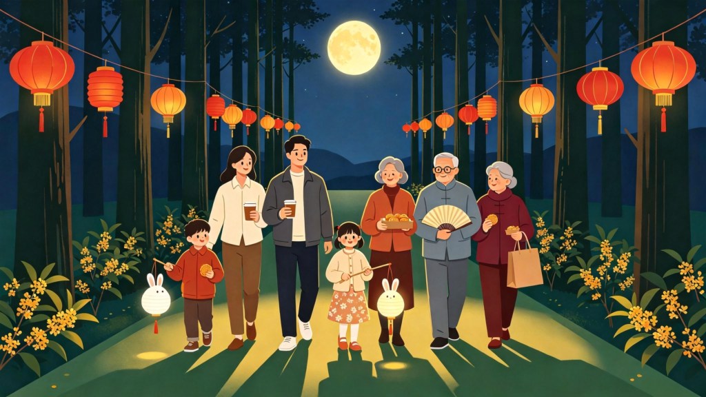 中秋家庭公园散步扁平风插画