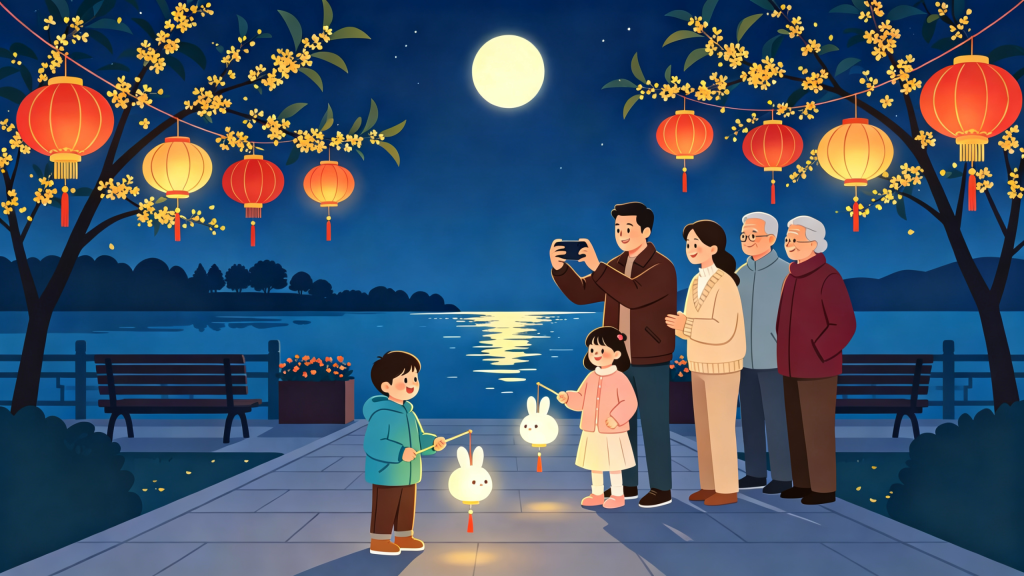 中秋家庭公园散步扁平风插画