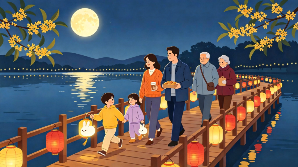 中秋家庭公园散步扁平风插画