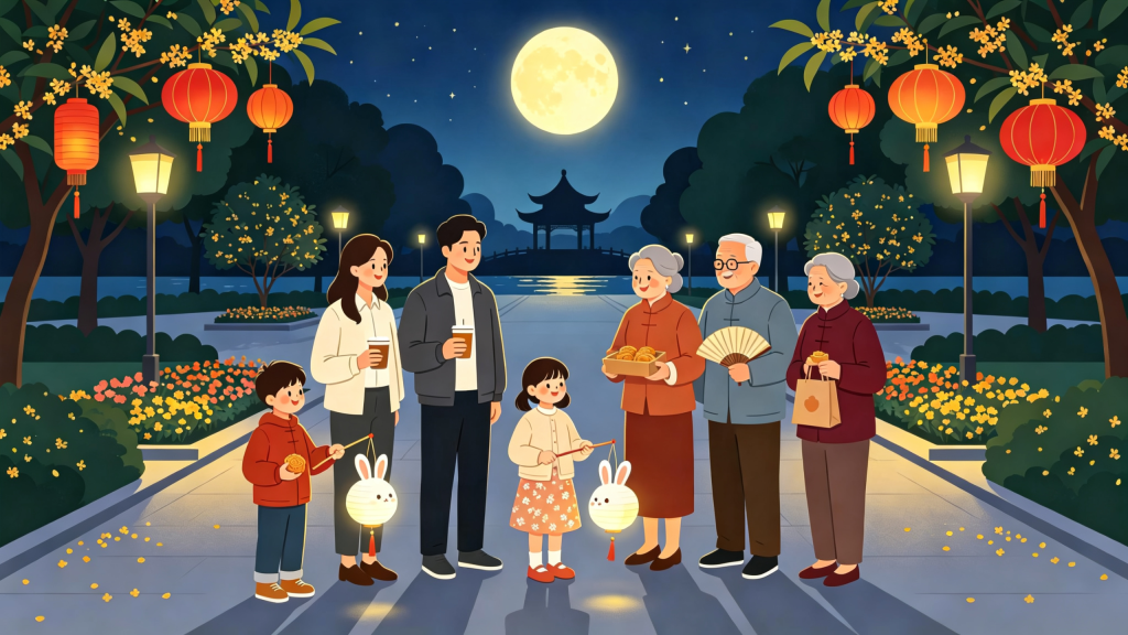 中秋家庭公园散步扁平风插画
