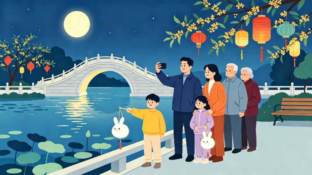 中秋家庭公园散步扁平风插画