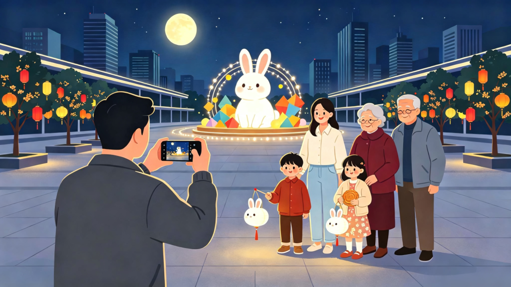 中秋家庭逛灯会扁平风插画
