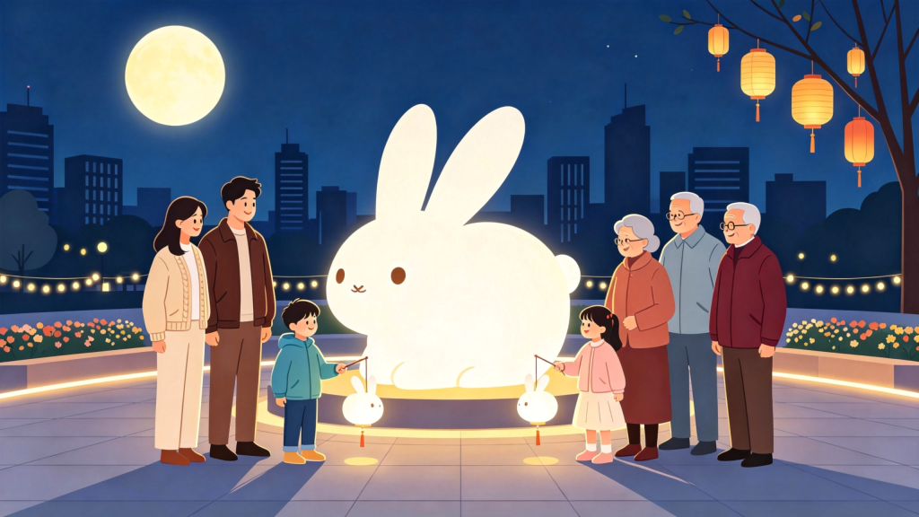 中秋家庭逛灯会扁平风插画