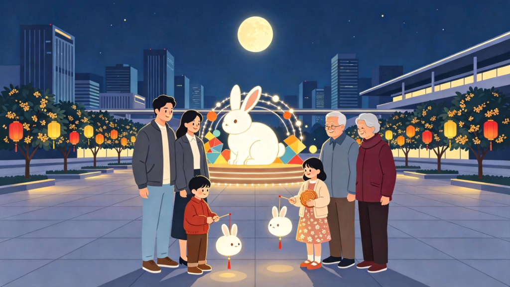 中秋家庭逛灯会扁平风插画