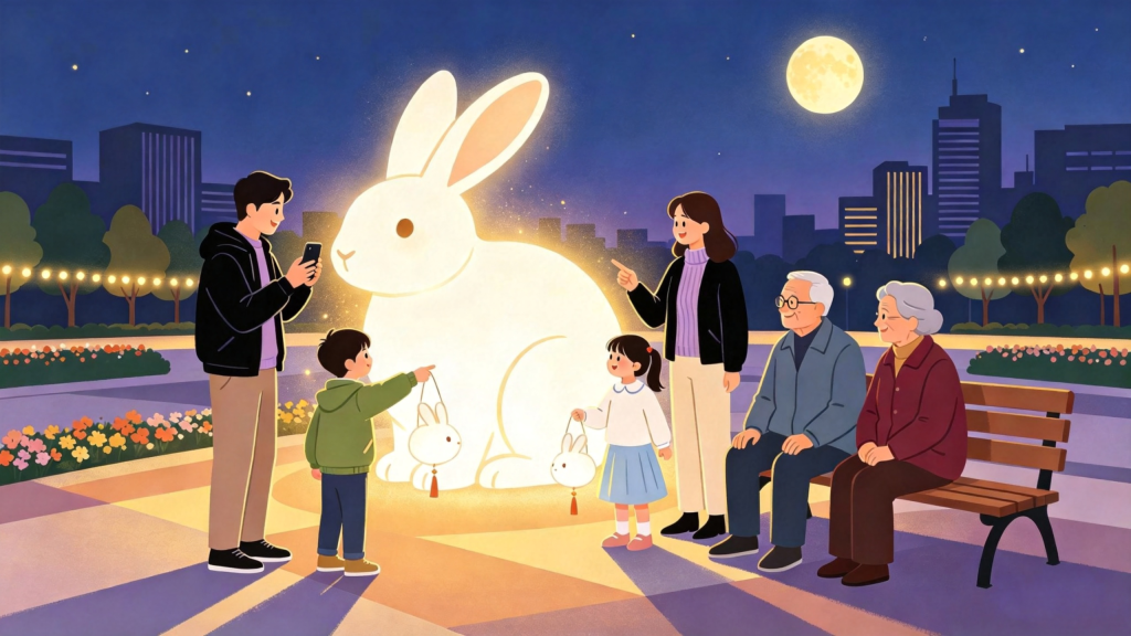 中秋家庭逛灯会扁平风插画