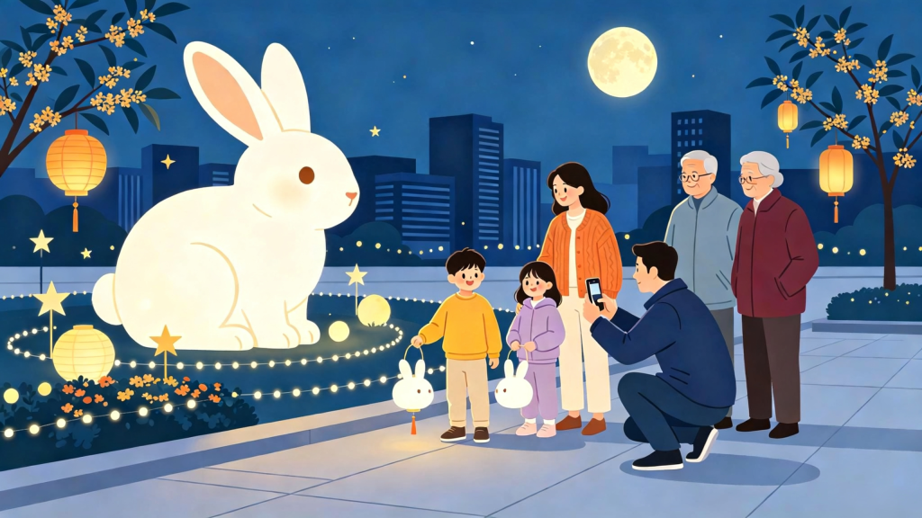 中秋家庭逛灯会扁平风插画