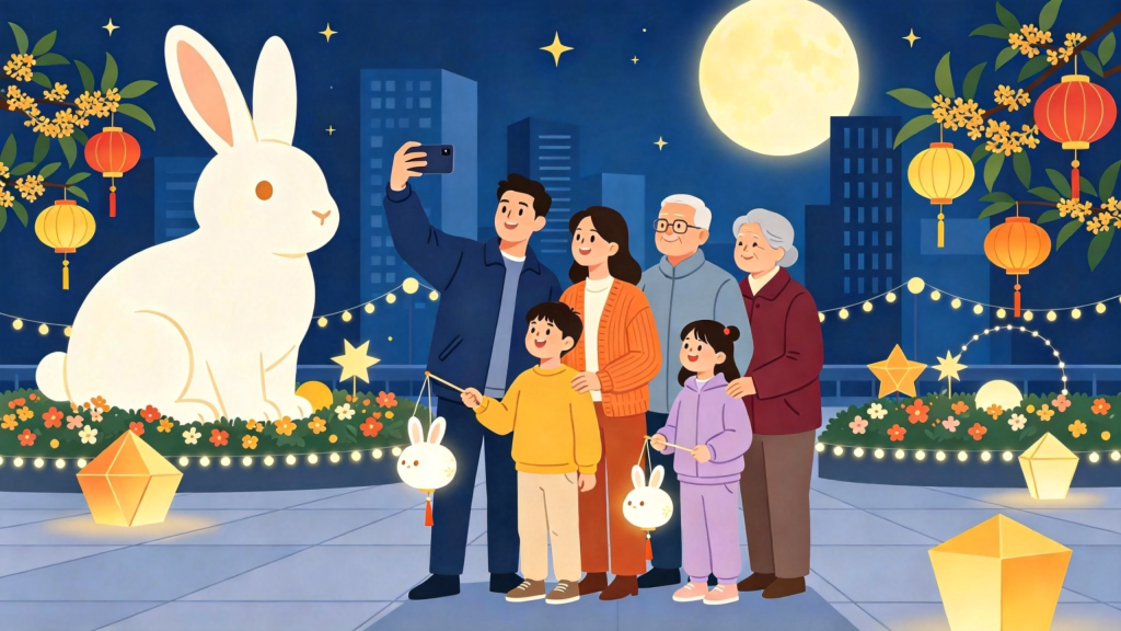 中秋家庭逛灯会扁平风插画
