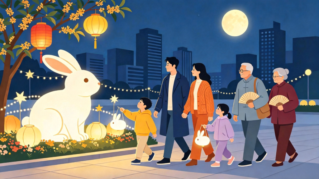 中秋家庭逛灯会扁平风插画