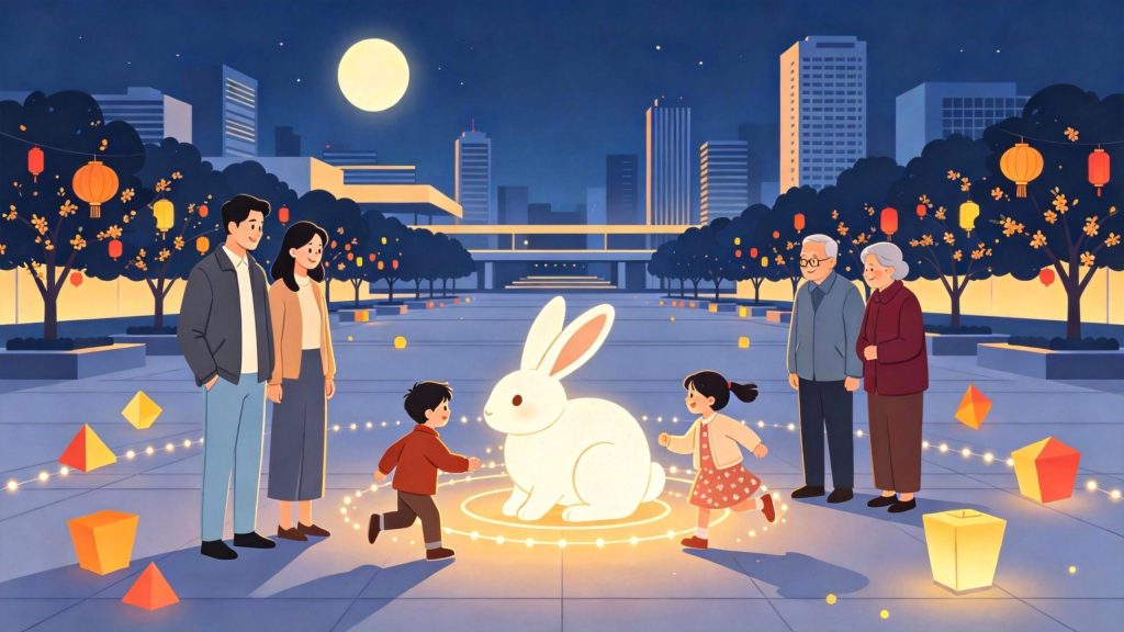 中秋家庭逛灯会扁平风插画