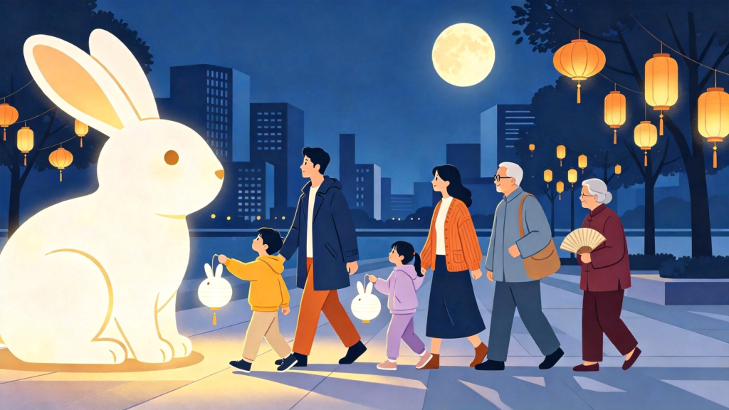 中秋家庭逛灯会扁平风插画