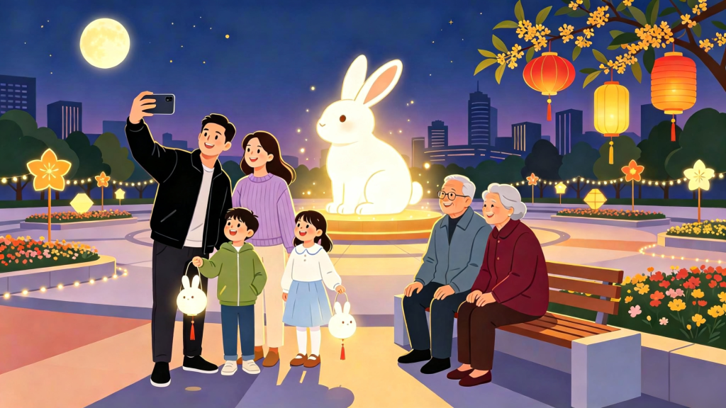 中秋家庭逛灯会扁平风插画