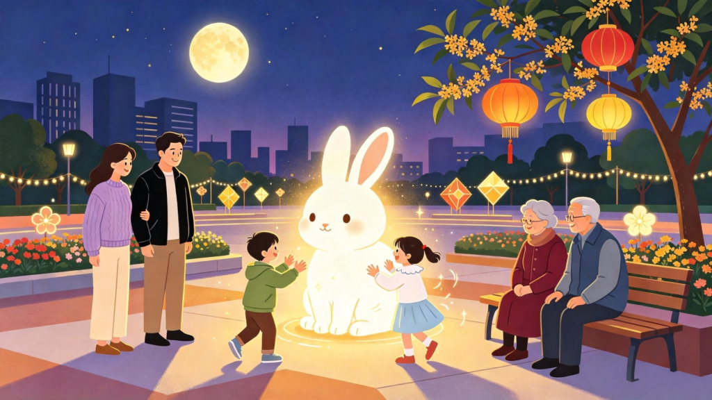 中秋家庭逛灯会扁平风插画