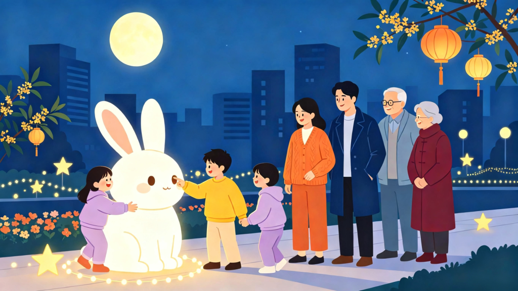 中秋家庭逛灯会扁平风插画