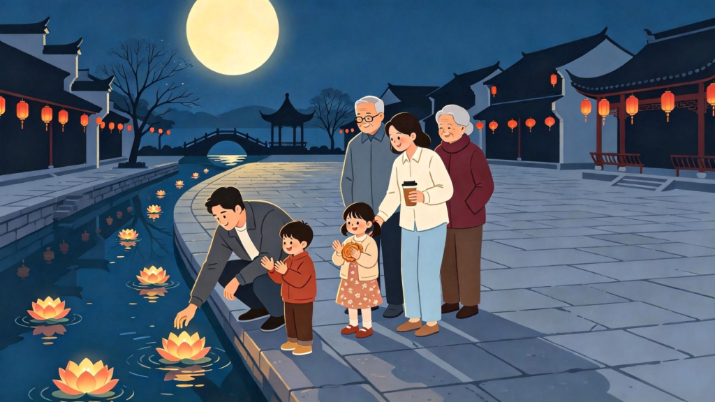 中秋家庭放水灯扁平风插画