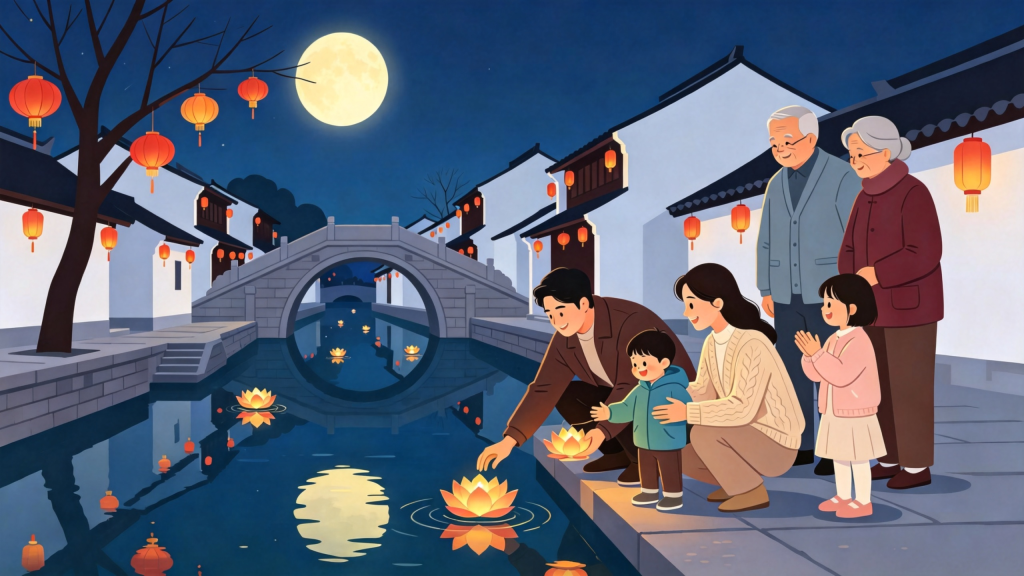 中秋家庭放水灯扁平风插画