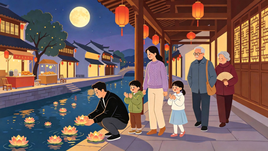 中秋家庭放水灯扁平风插画