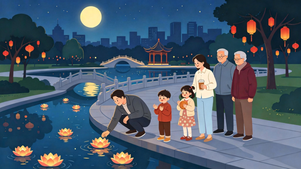 中秋家庭放河灯水灯扁平风插画