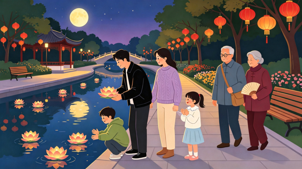 中秋家庭放水灯扁平风插画