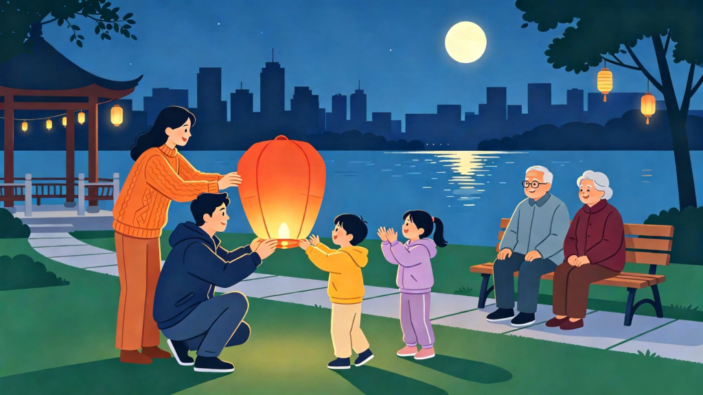 中秋家庭放孔明灯扁平风插画