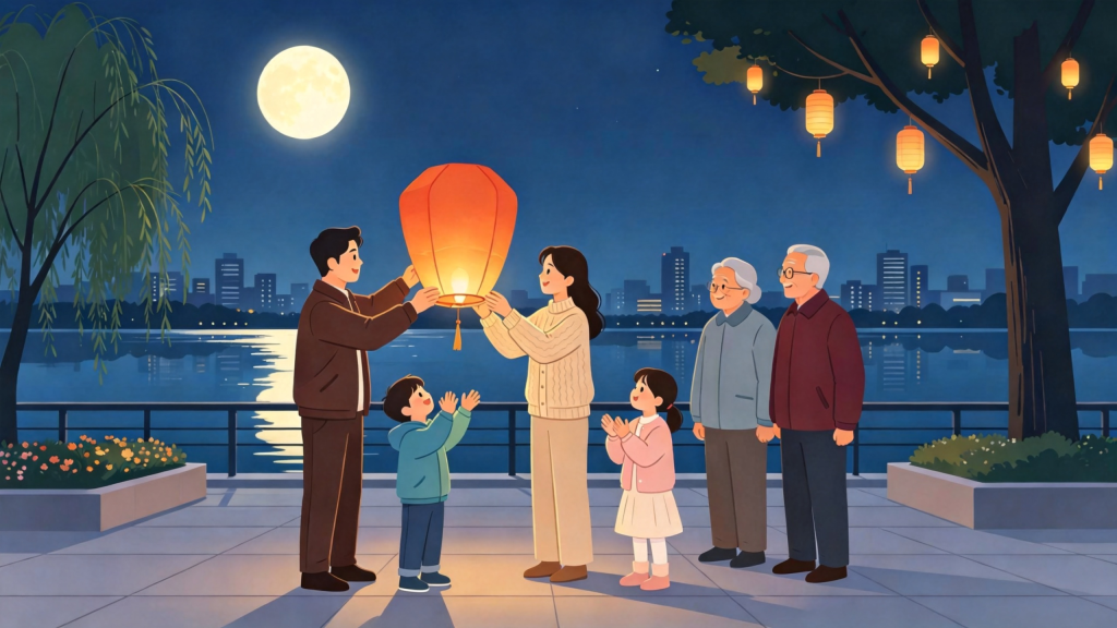 中秋家庭放孔明灯扁平风插画