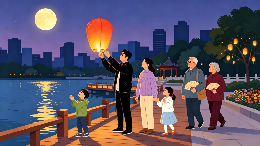 中秋家庭放孔明灯扁平风插画