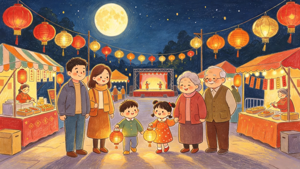 中秋家庭逛庙会儿童画插画