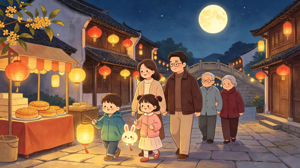 中秋家庭逛庙会儿童画插画