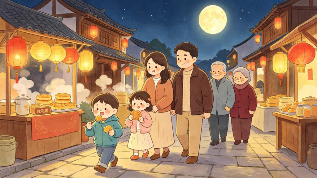 中秋家庭逛集市儿童画插画