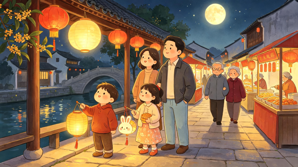 中秋家庭逛集市儿童画插画