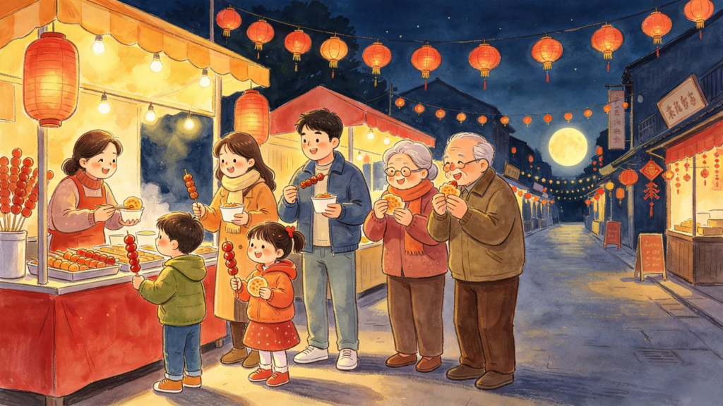 中秋家庭逛集市儿童画插画