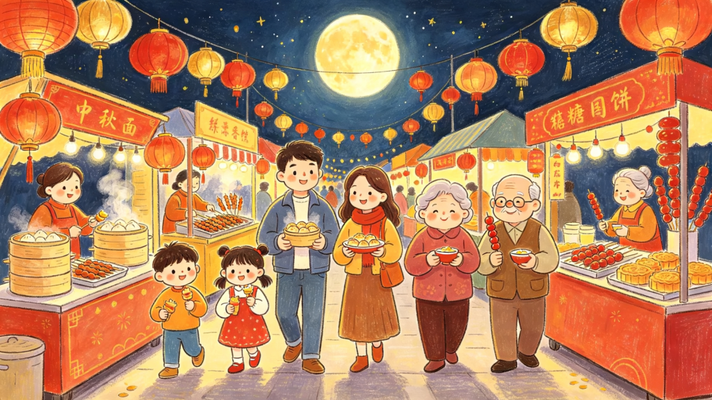 中秋家庭逛集市儿童画插画