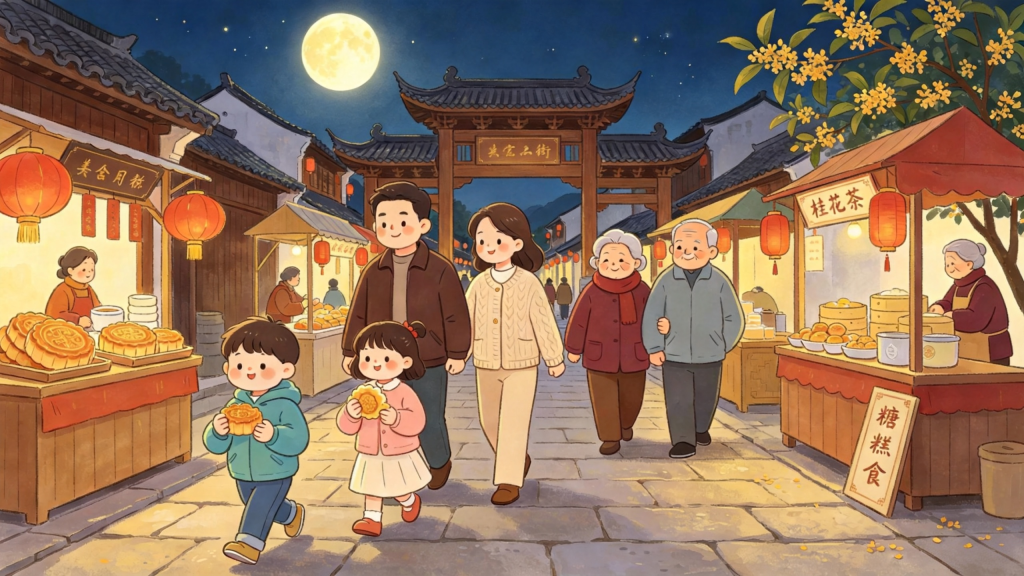 中秋家庭逛集市儿童画插画