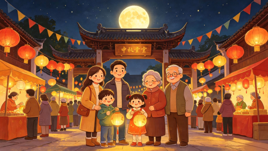 中秋家庭逛集市儿童画插画