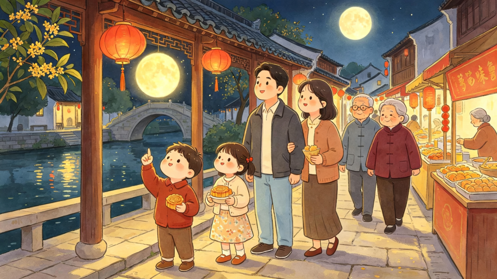 中秋家庭逛集市儿童画插画