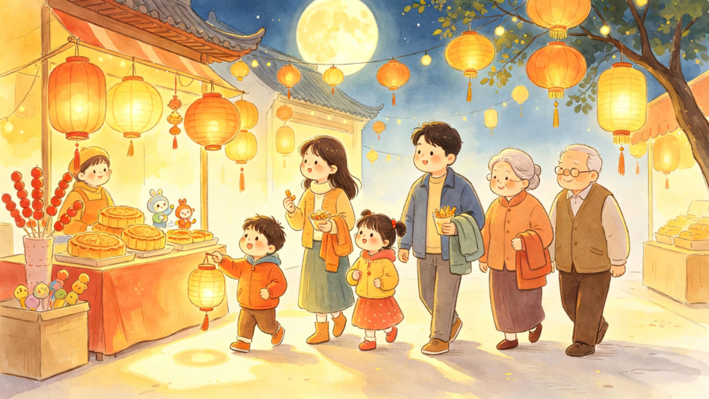 中秋家庭逛集市儿童画插画