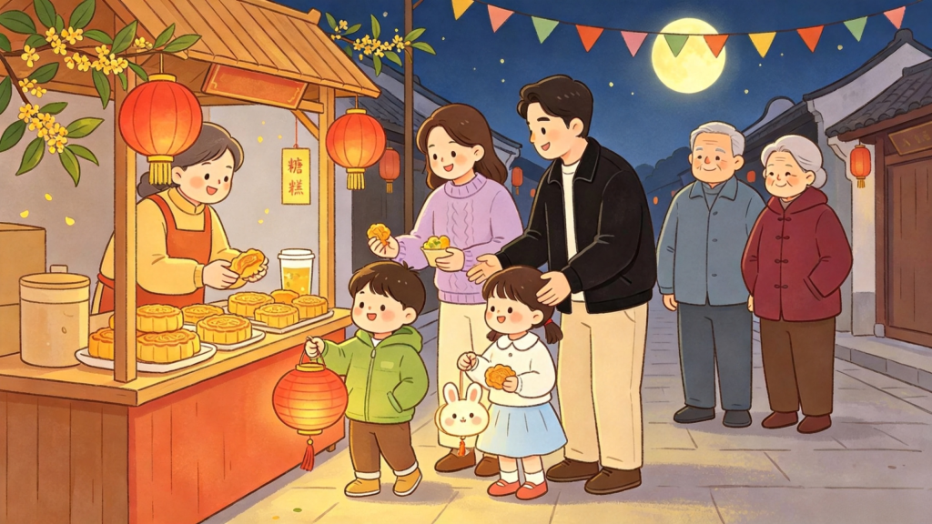 中秋家庭逛集市儿童画插画