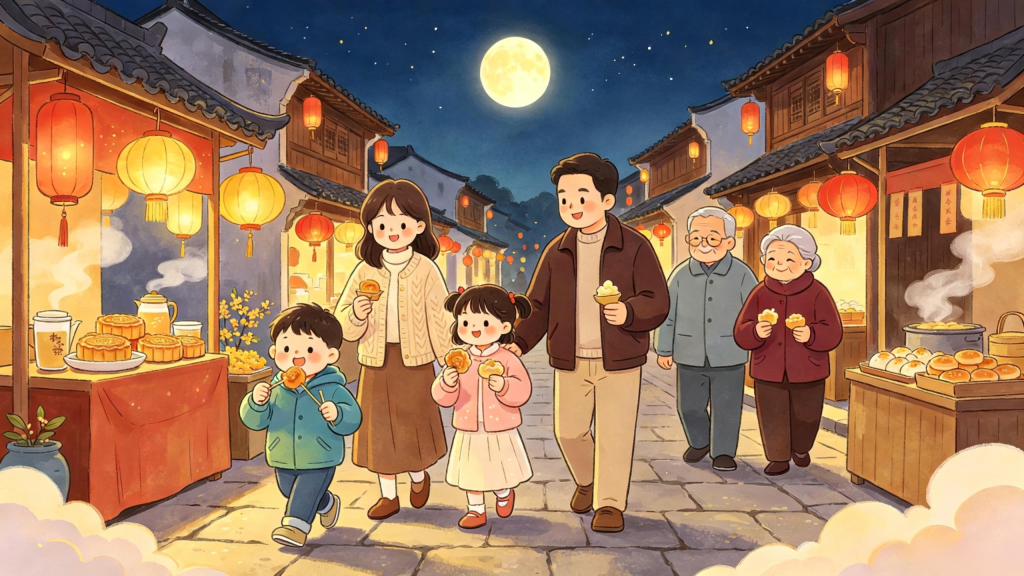 中秋家庭逛集市儿童画插画