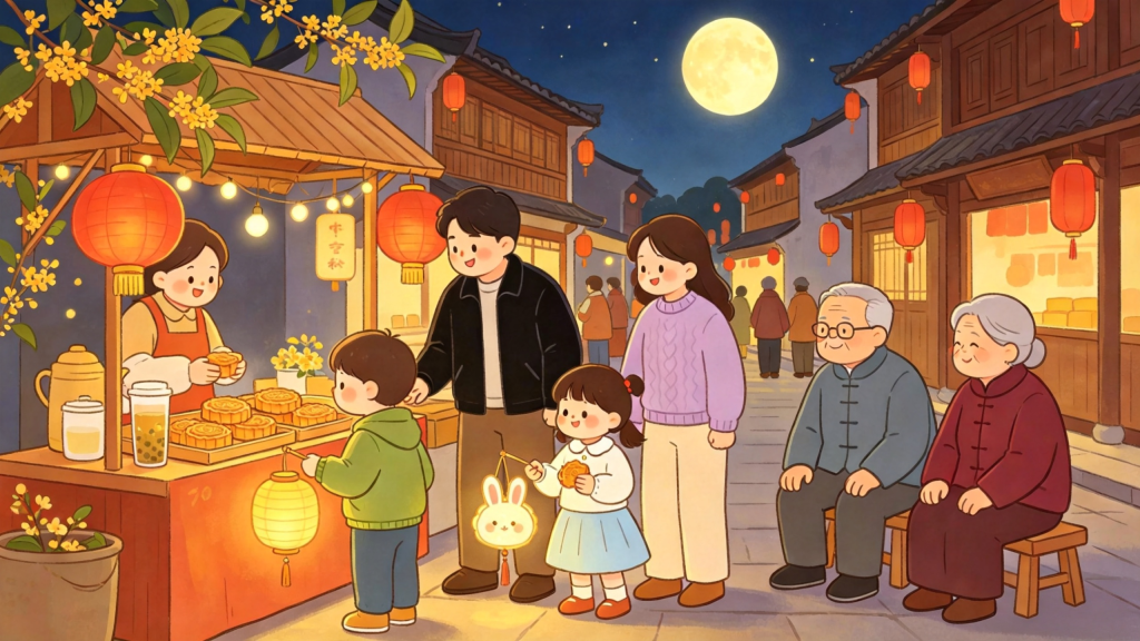 中秋家庭逛集市儿童画插画