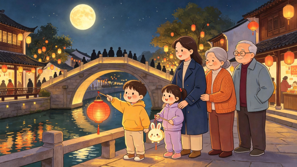 中秋家庭公园散步儿童画插画