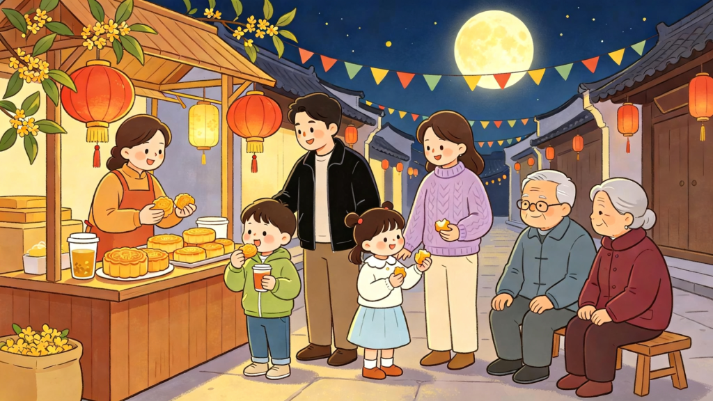 中秋家庭逛集市儿童画插画