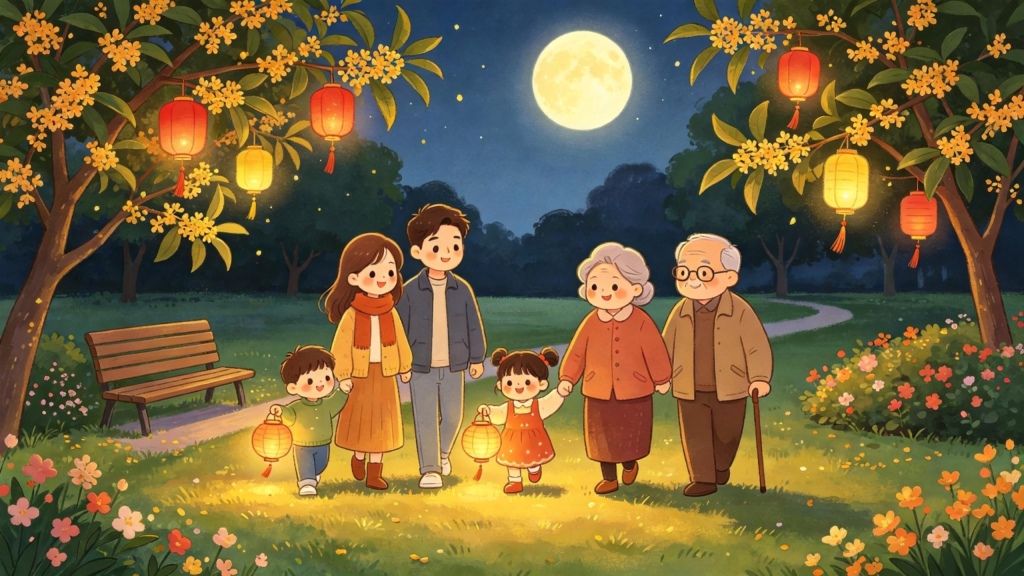 中秋家庭公园散步儿童画插画