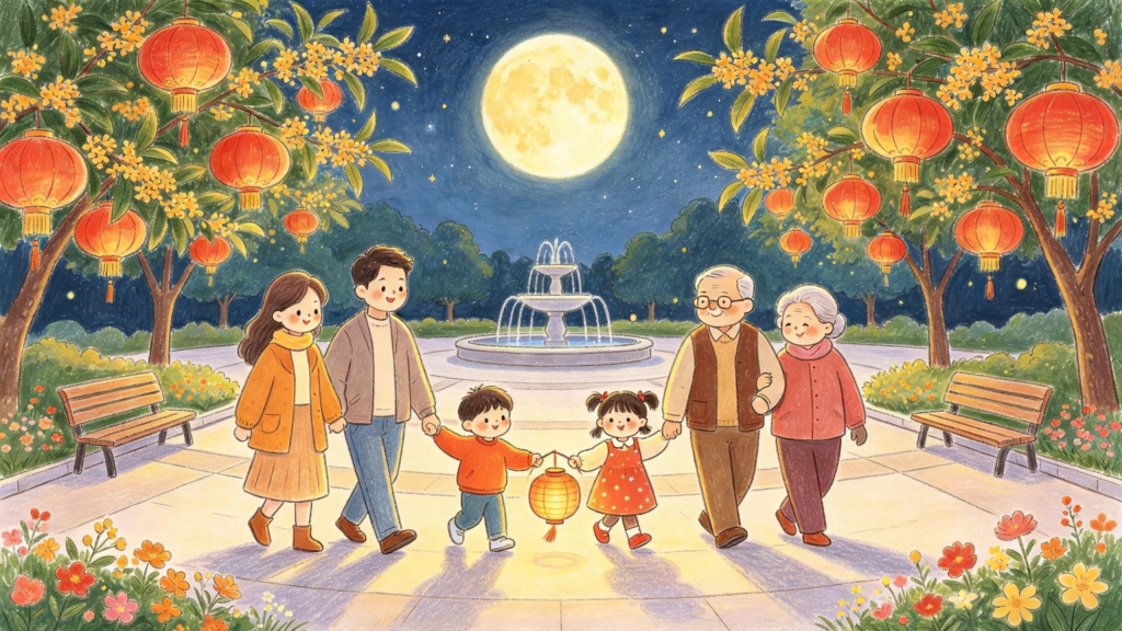 中秋家庭公园散步儿童画插画