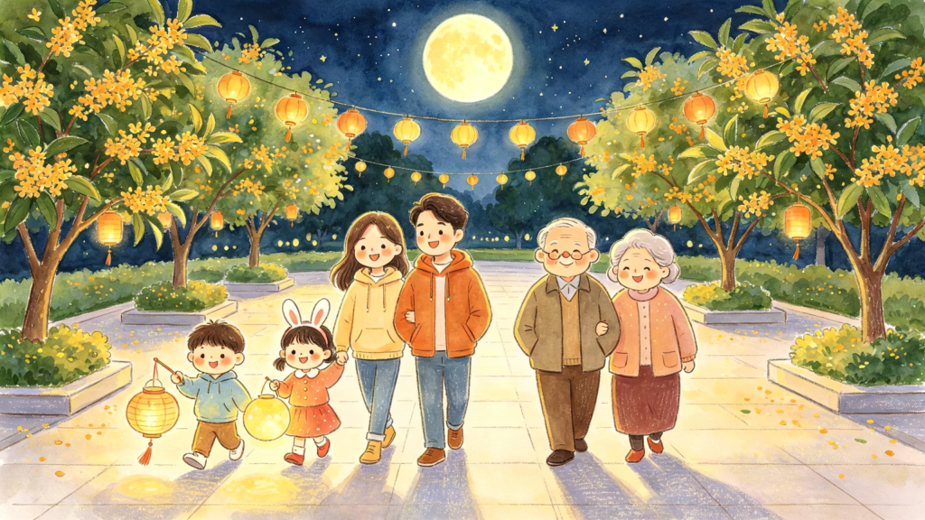 中秋家庭公园散步儿童画插画