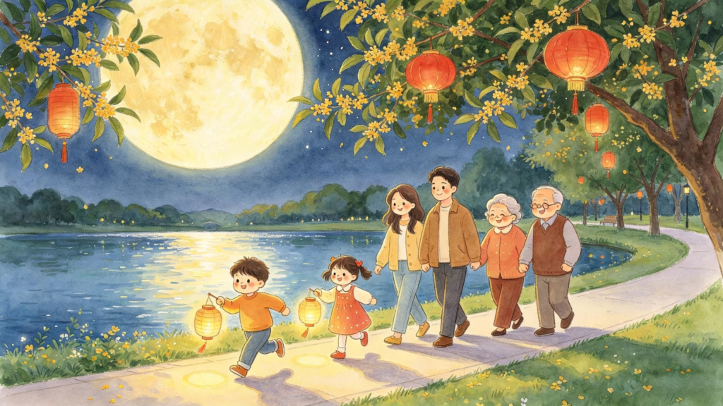 中秋家庭公园散步儿童画插画
