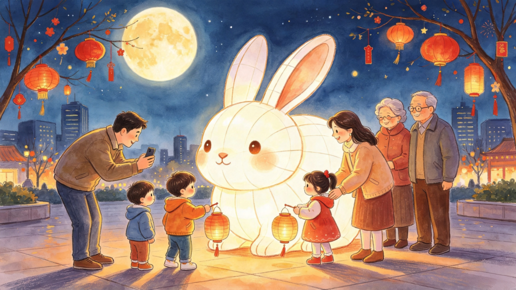 中秋家庭逛灯会儿童画插画