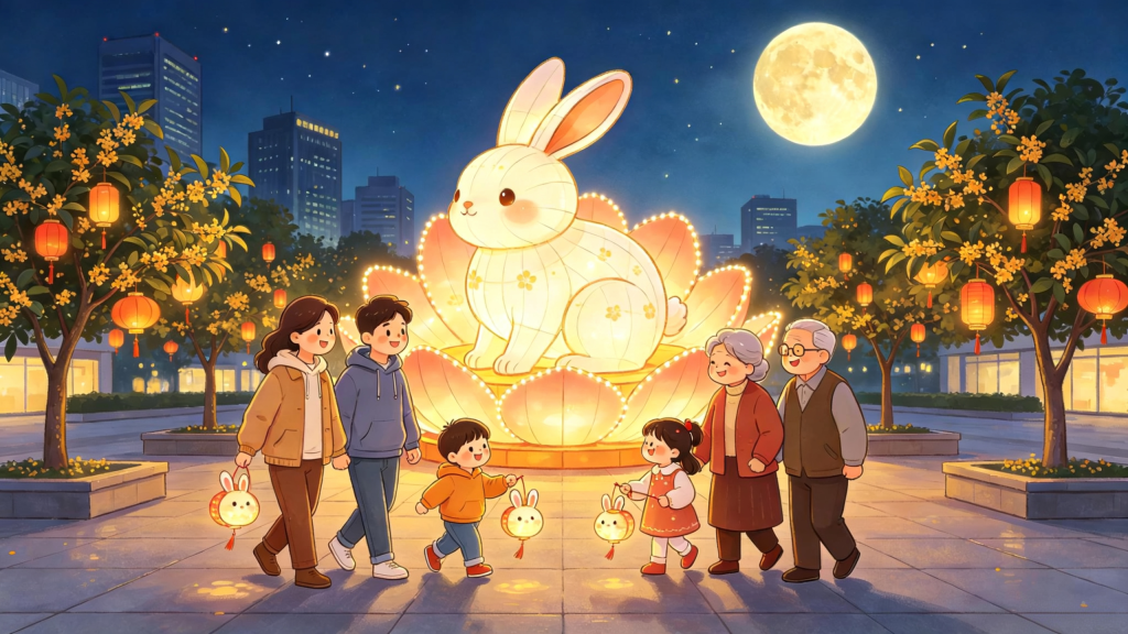 中秋家庭逛灯会儿童画插画