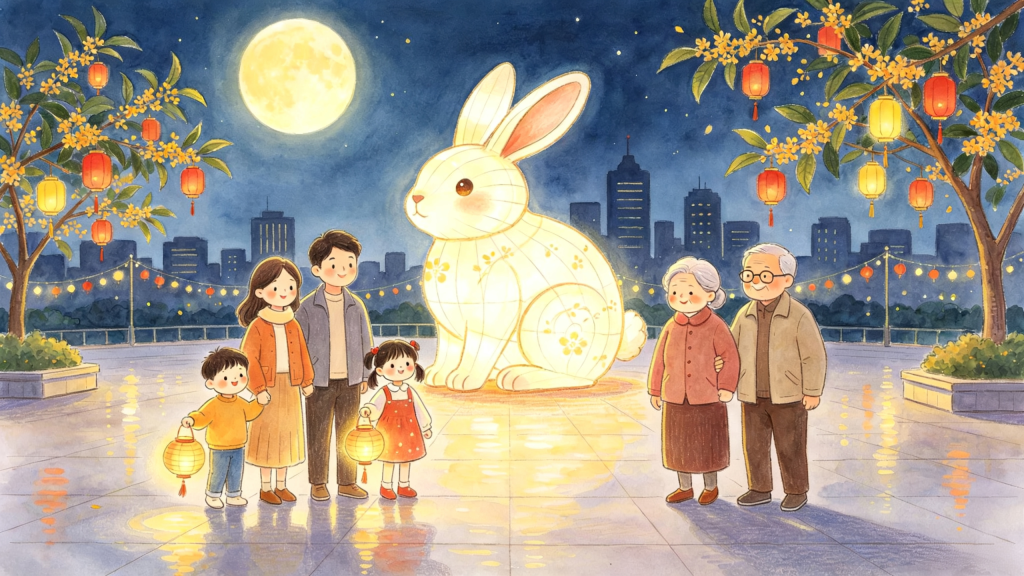 中秋家庭逛灯会儿童画插画