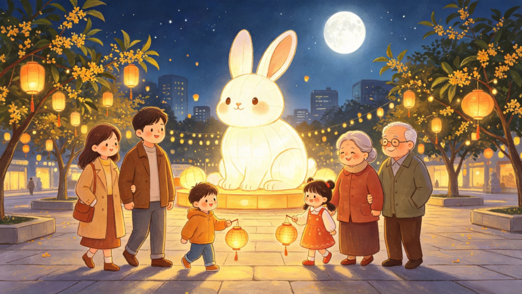 中秋家庭逛灯会儿童画插画